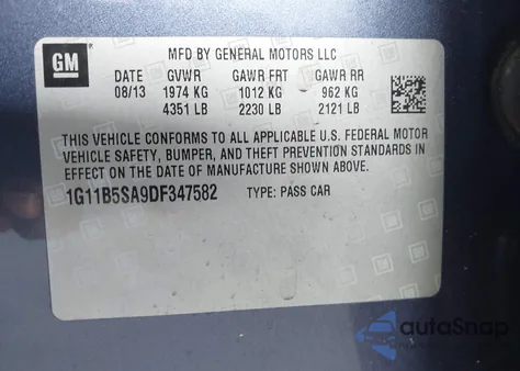 2013 Chevrolet Malibu 1Ls from USA, damaged, VIN 1G11B5SA9DF347582